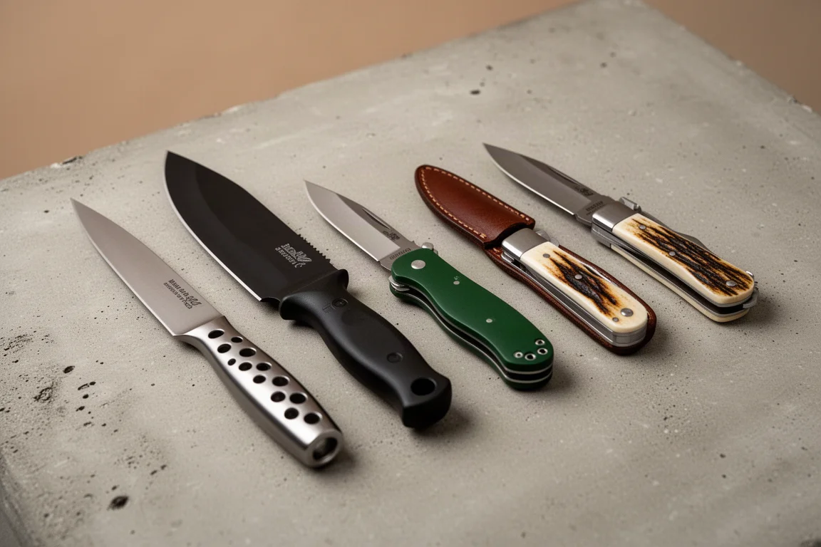Five knives arranged in a row on a concrete surface, including a kitchen knife, camp knife, two folders, and a small fixed blade