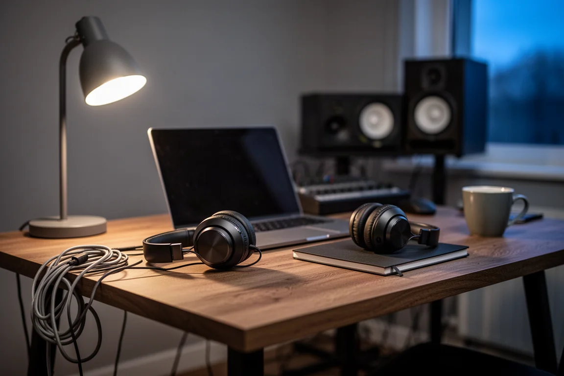 Bureau de home studio au crépuscule avec casque, ordinateur portable et monitors en arrière-plan
