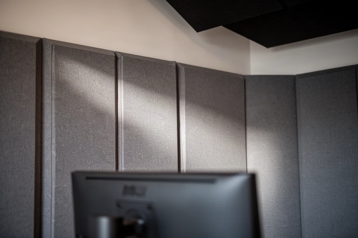 Panneaux acoustiques recouverts de tissu sur un mur de studio avec un monitor flou au premier plan