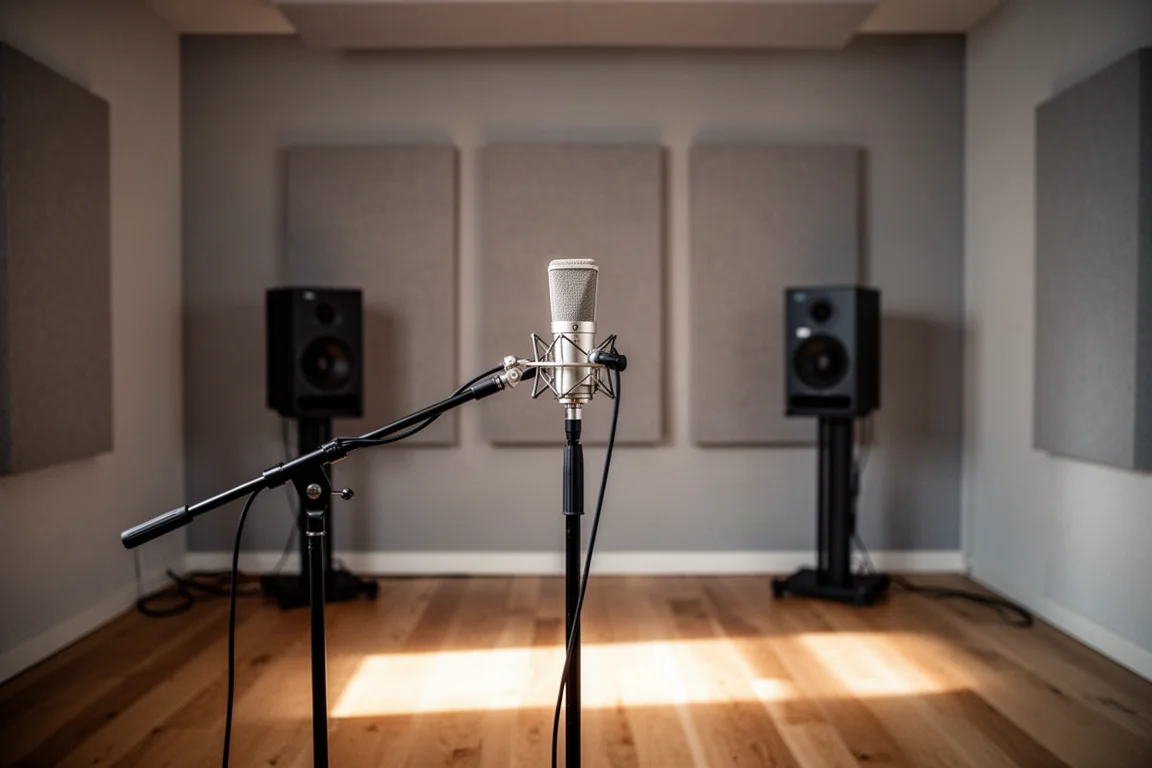 Microphone de mesure sur pied à la position d'écoute dans un studio traité