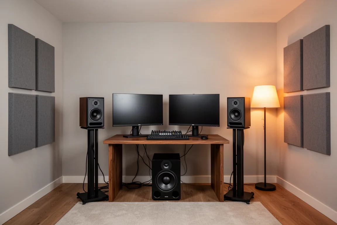 Petit studio traité avec monitors sur pieds, un caisson de basses et des panneaux acoustiques