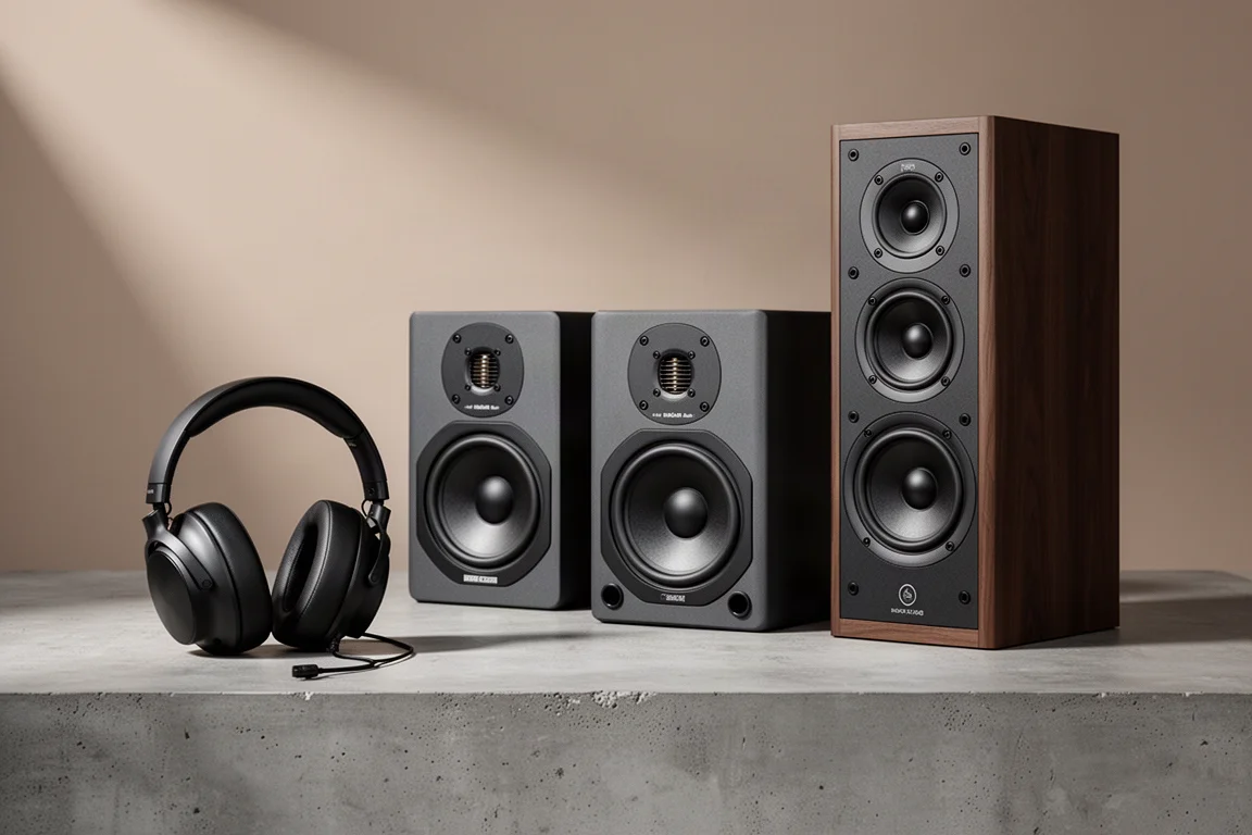 Reference headphones, two way studio monitors and a three way monitor on a concrete surface