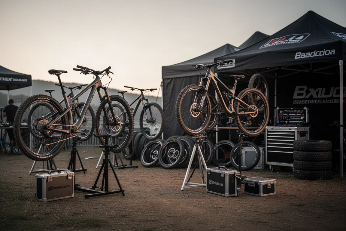 Paddock de competición de descenso con bicis en caballetes y ruedas de repuesto al atardecer
