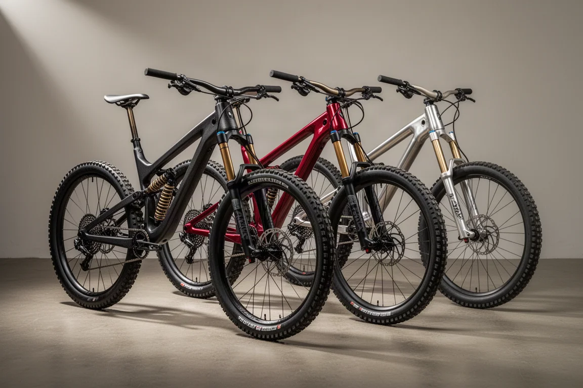Tres bicicletas de descenso de montaña de largo recorrido sobre un suelo de hormigón mate en un estudio