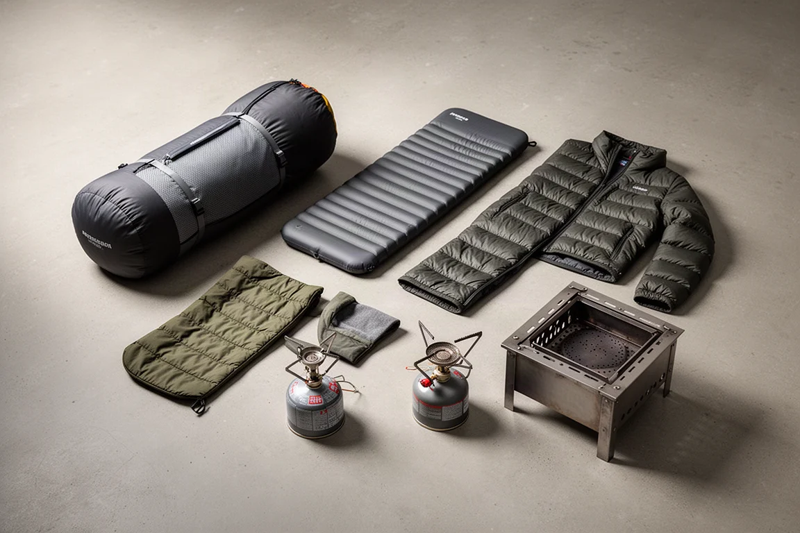 Five pieces of backpacking and car camping gear arranged on a concrete surface