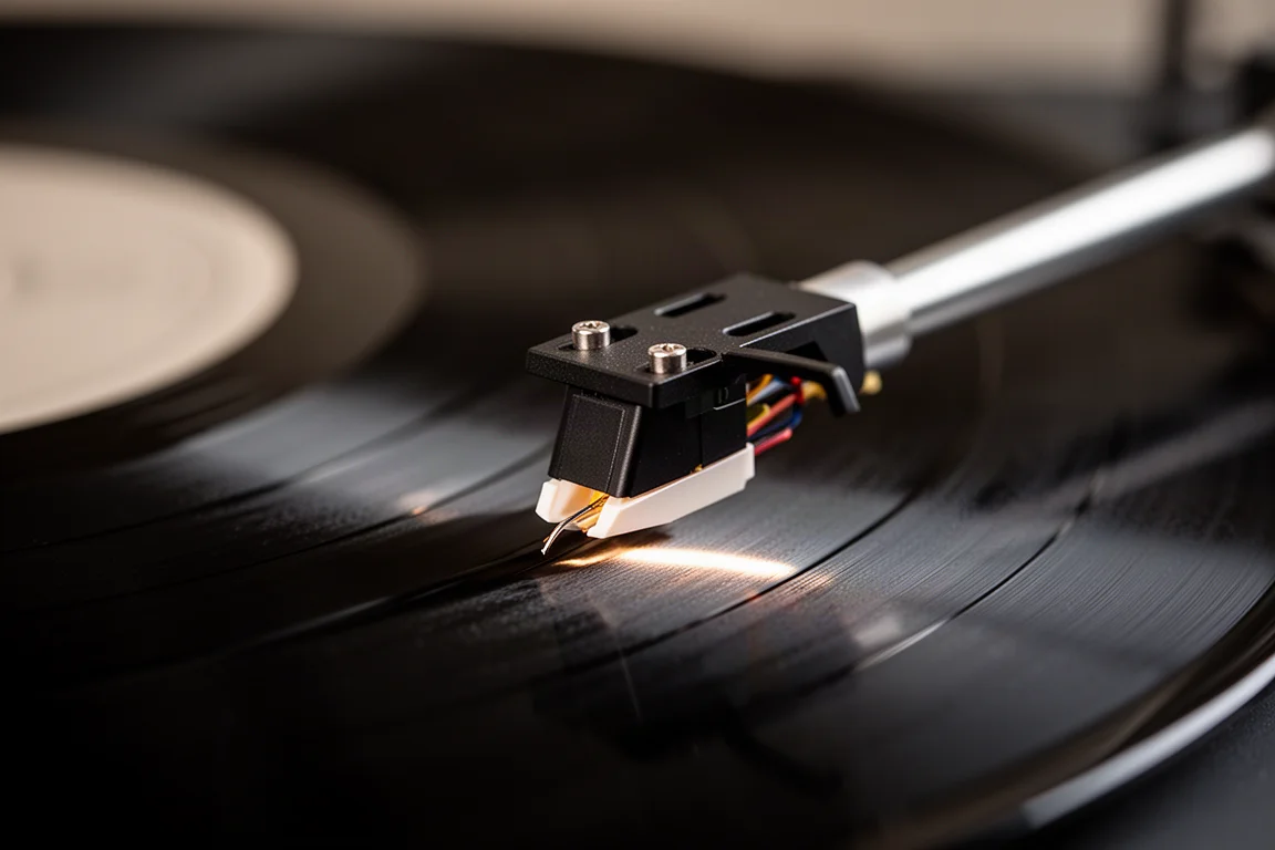 Makrovys av en pickupnål som spårar rillorna i en vinylskiva