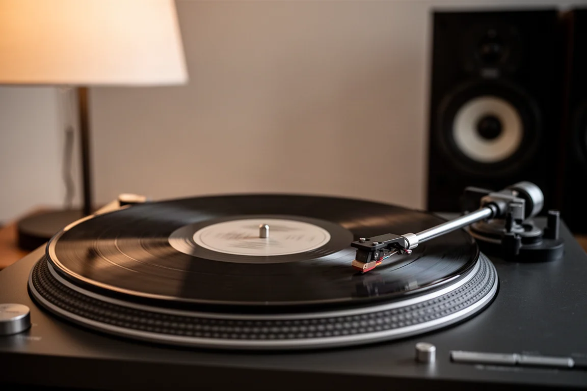 Vinylskiva som snurrar på en skivspelare med tonarmen i ett dunkelt rum
