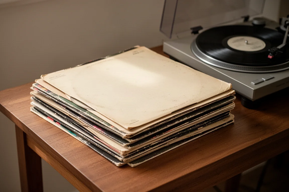 Hög av slitna vinylskivor och enkla skivfodral på ett träbord bredvid en skivspelare
