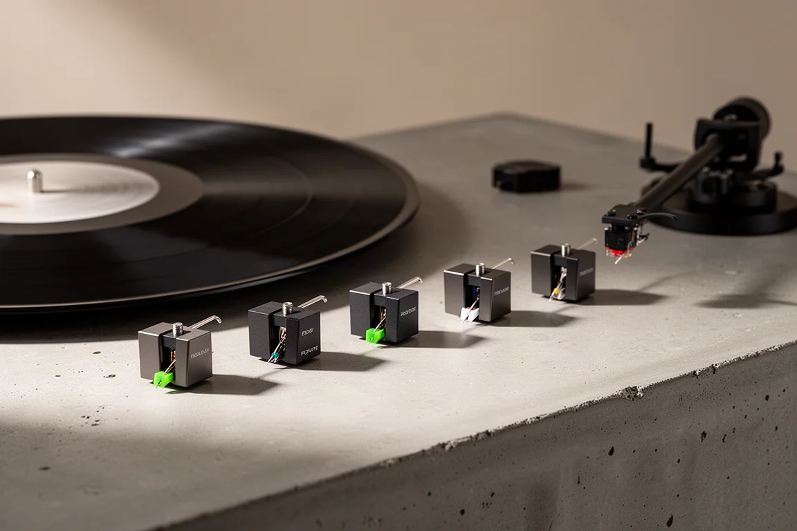 Five phono cartridges arranged on concrete beside a tonearm and vinyl record