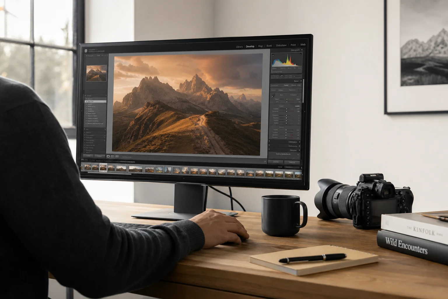 Photographer reviewing edited landscape photos on a computer screen