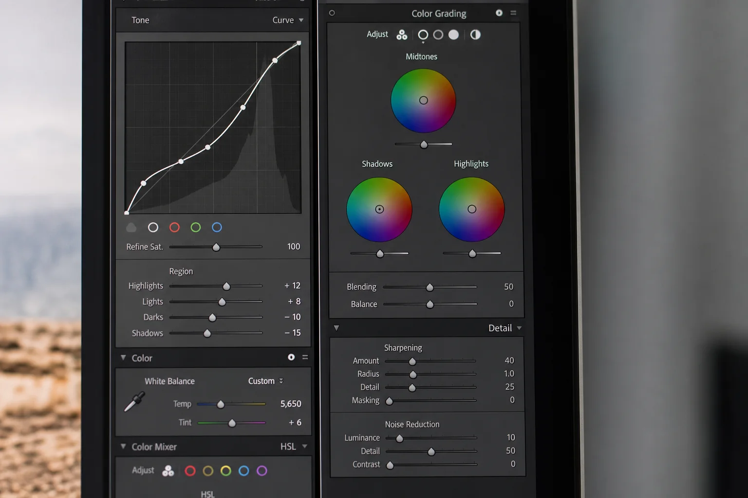 Close-up of photo editing sliders and adjustment controls in editing software
