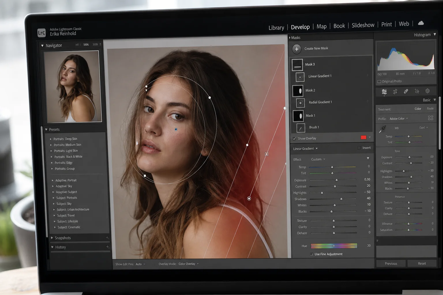 Photographer adjusting masks and local adjustments on a portrait photograph