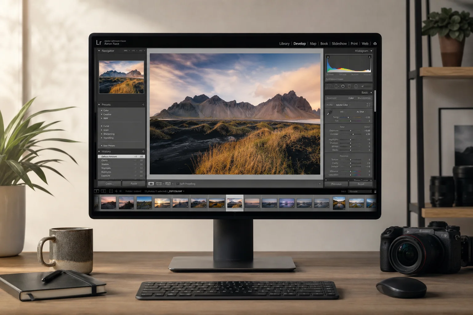 Adobe Lightroom editing interface on a desktop monitor with landscape photo and adjustment sliders