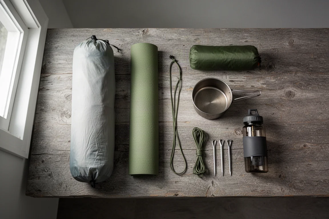 Flat lay van bovenaf van ultralichte backpacking-uitrusting op verweerd hout