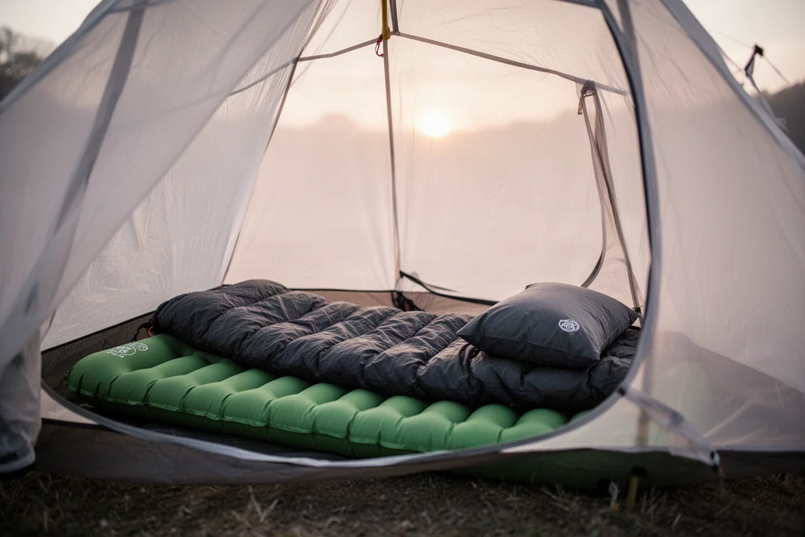 Slaapmat en quilt uitgestald in een kleine ultralichte tent bij zonsopgang