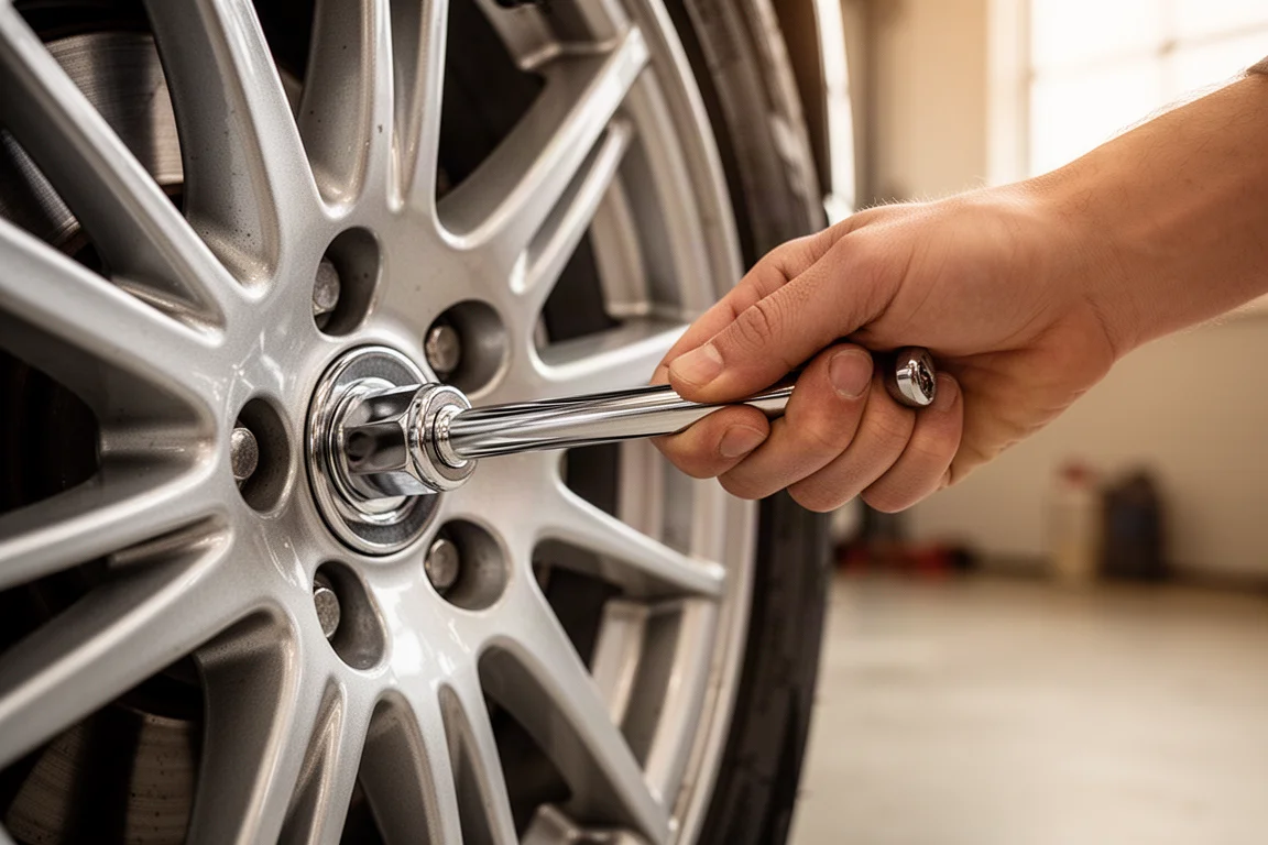 Sliding T handle loosening a wheel nut on an alloy wheel