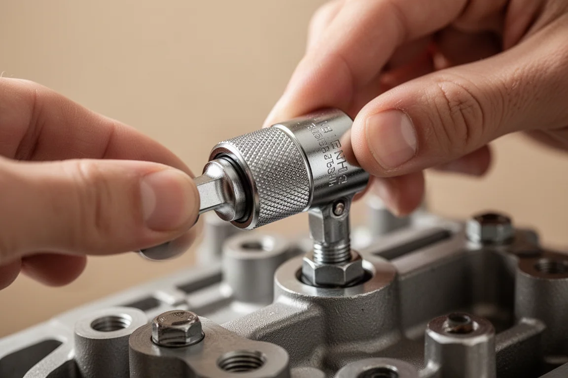 Ratchet spinner starting a bolt by hand on an engine
