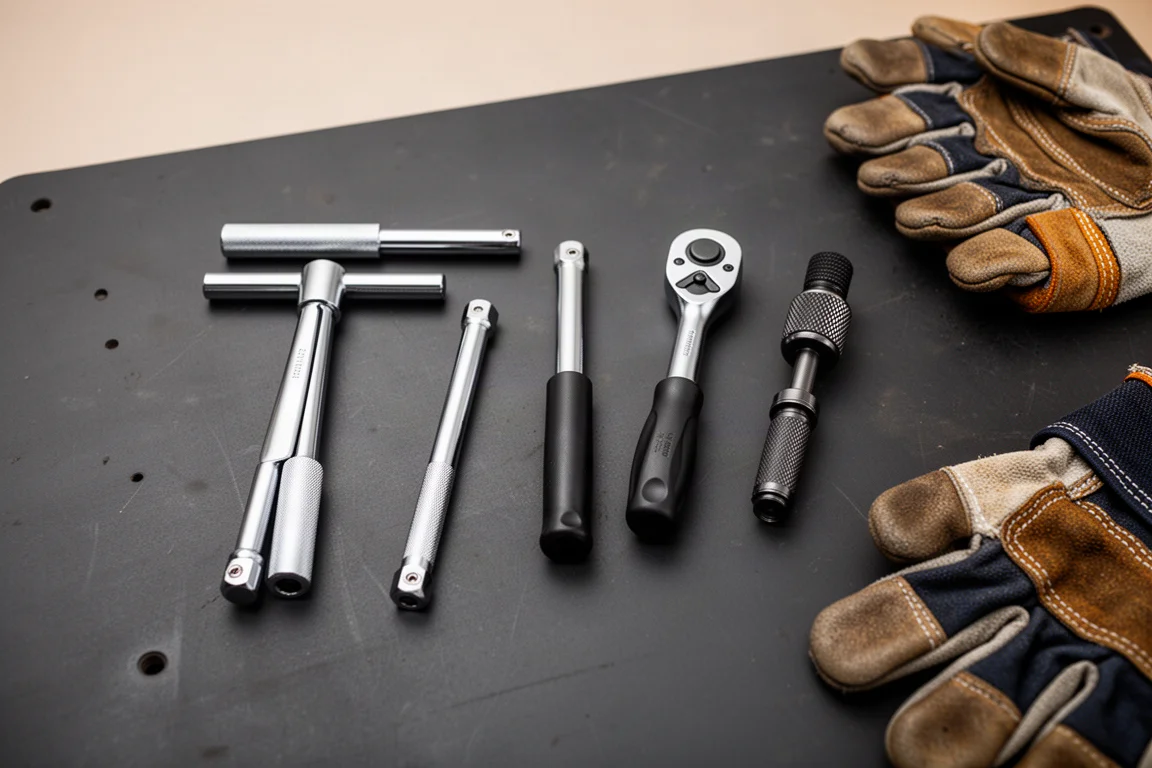Flat-lay of ratchet accessories arranged on a workbench
