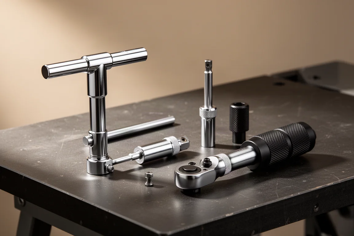 Ratchet accessories including a T handle, extension handle, palm ratchet, and spinner on a workbench
