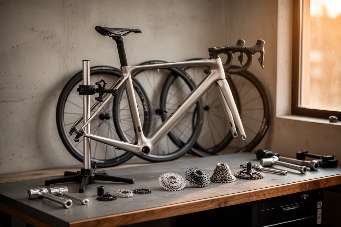 Établi d'atelier de vélo avec un vélo de route sur un support et des roues appuyées à côté