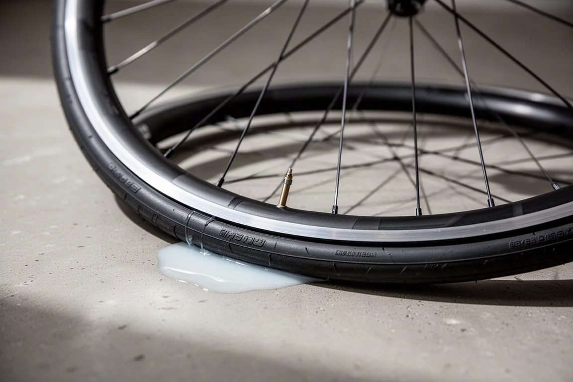 Gros plan sur un pneu de vélo de route tubeless et sa valve avec du préventif sur du béton