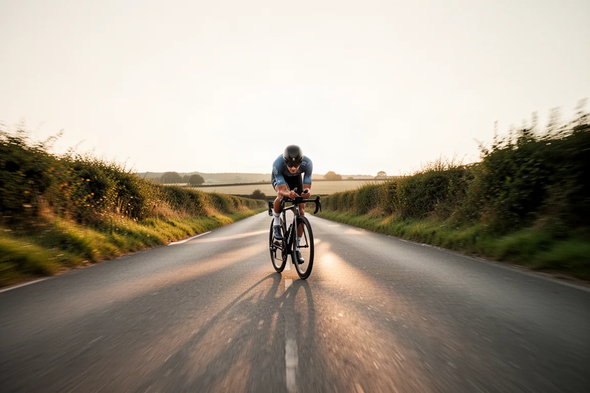Cycliste sur route dans une position aérodynamique basse sur une route dégagée, à vive allure
