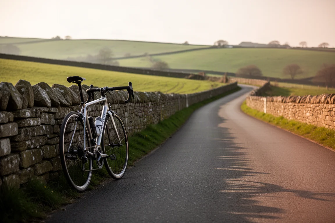 Road bike leaning against a dry stone wall on a quiet country lane in late afternoon light