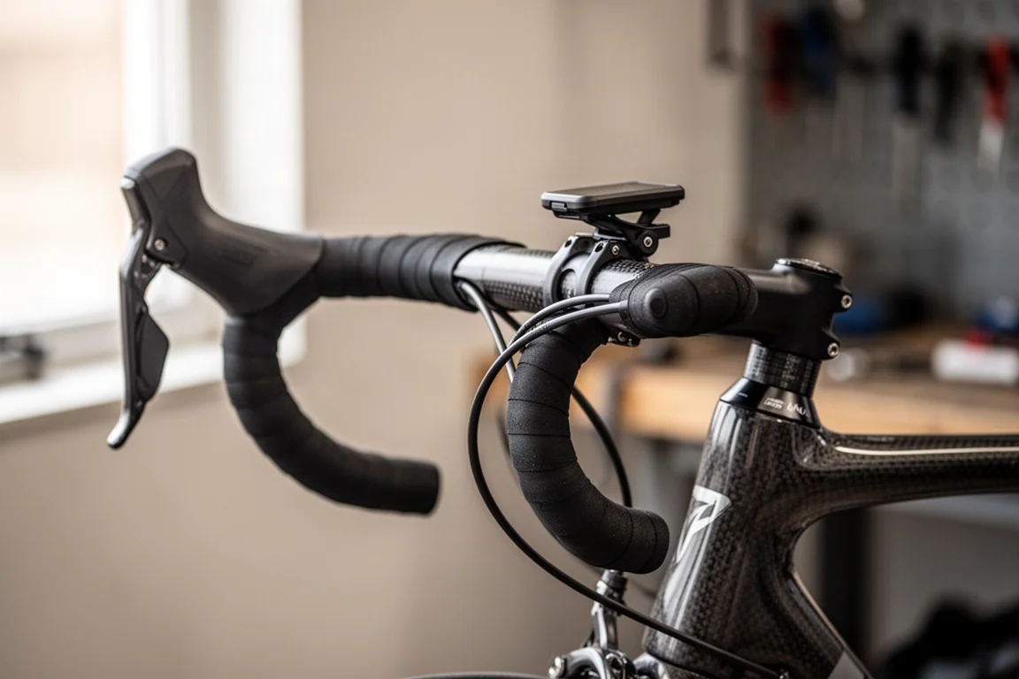 Close-up of a one-piece carbon road bike handlebar and stem with black bar tape