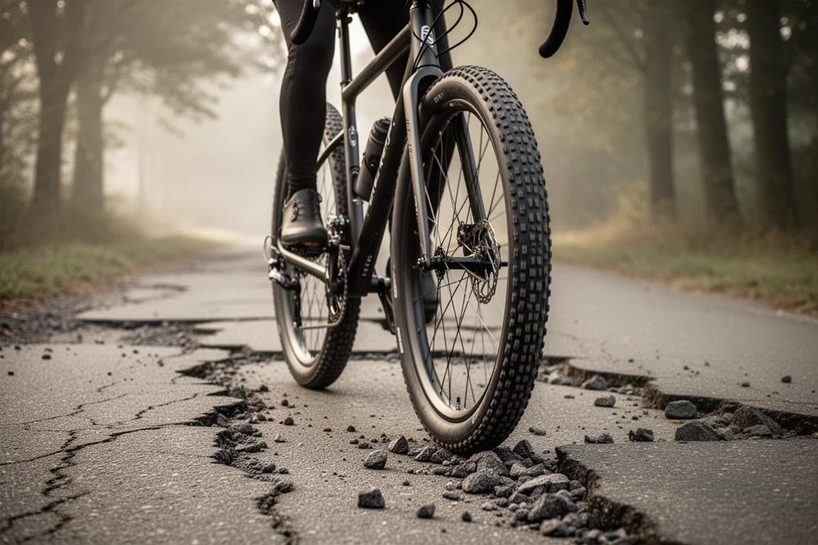 Road bike with wide treaded tyres rolling along a broken tarmac lane with gravel edges