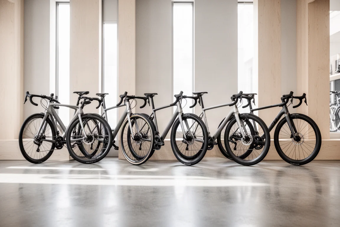 Row of five road bicycles parked side by side in a bright minimal bike shop
