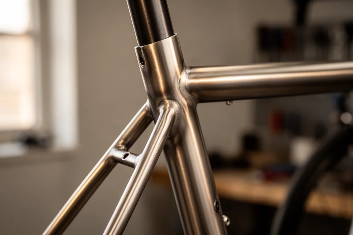 Close-up van geborstelde titanium framebuizen die samenkomen in een gladde verbinding