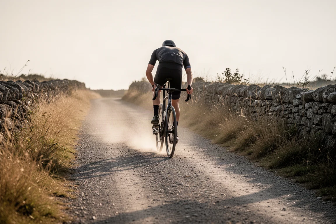 Wielrenner rijdt op een racefiets over een goed gerold gravelpad in het licht van de late middag