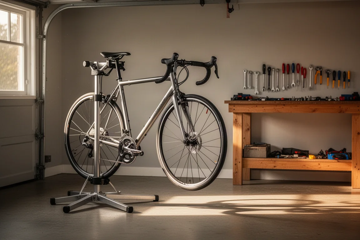 Racefiets leunt tegen een montagestandaard in een nette garagewerkplaats met gereedschap op de werkbank