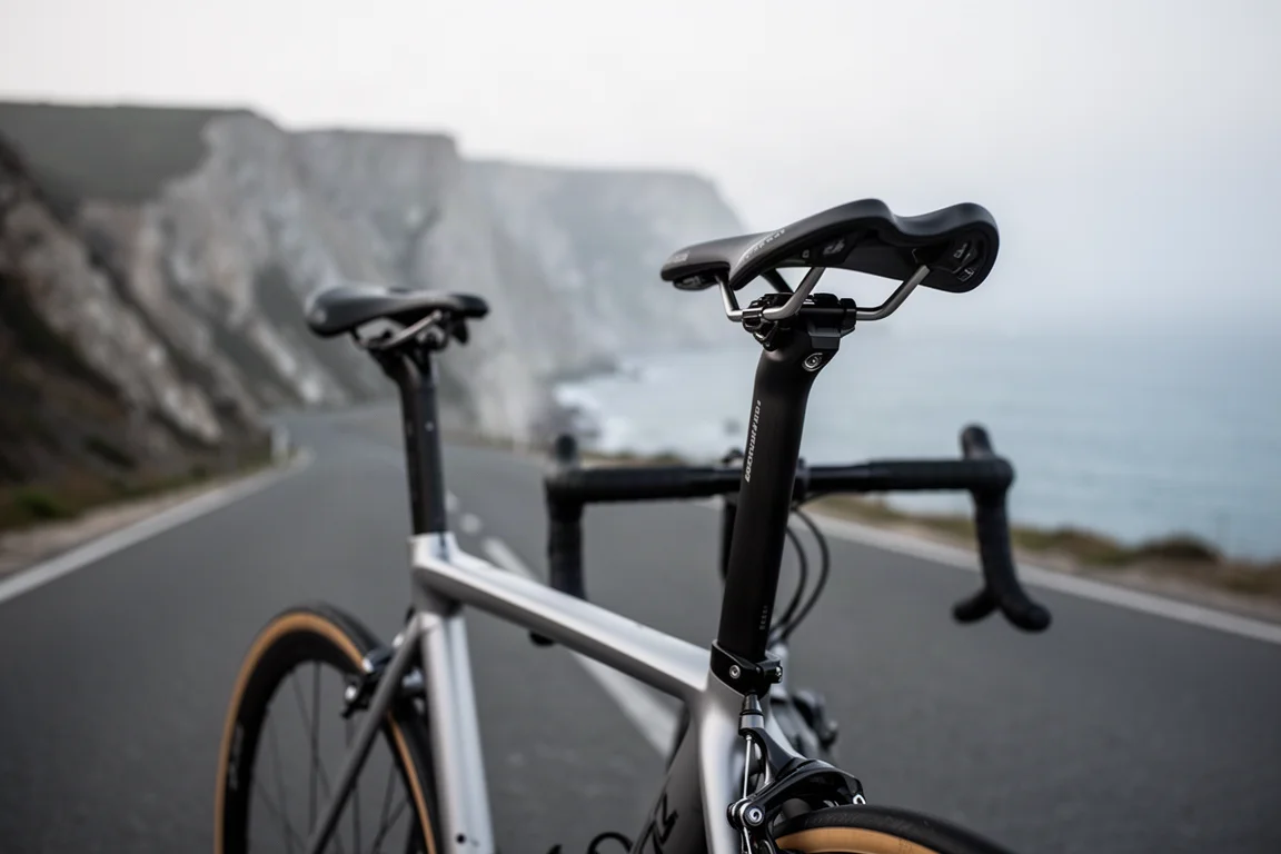 Achteraanzicht van een racefiets op een kustweg met het zadel scherp in beeld