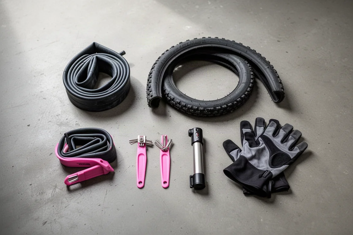 Platliggend overzicht van fietsaccessoires zoals een binnenband, bandenlichters en een pomp