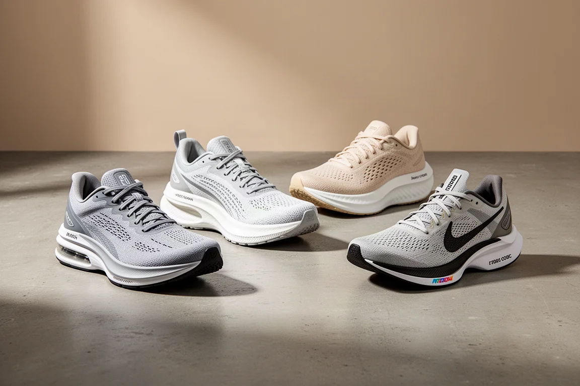 Five marathon running shoes arranged in an arc on a concrete surface