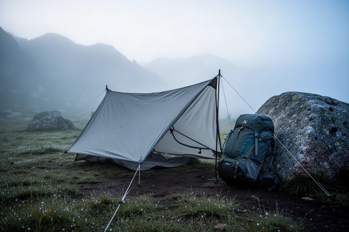 Ultralichte tent opgezet op zachte grond op een mistige alpiene kampeerplek bij zonsopgang met dunne scheerlijnen