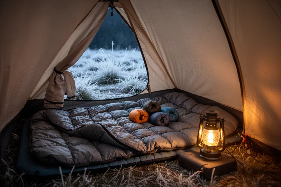 Interieur van een koudweertent 's nachts met een quilt op een slaapmat en kleine opgeblazen items erbovenop