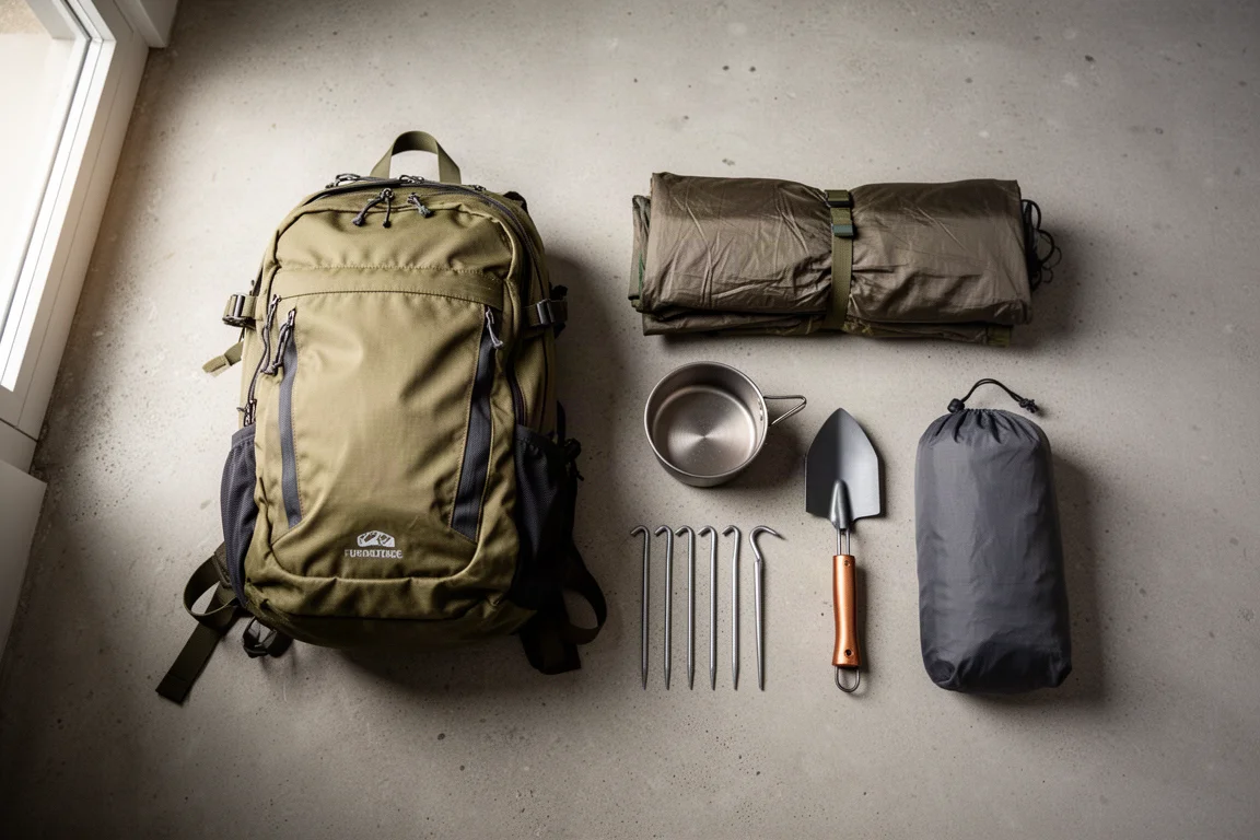 Bovenaanzicht van ultralichte backpacking gear op beton in natuurlijk vensterlicht