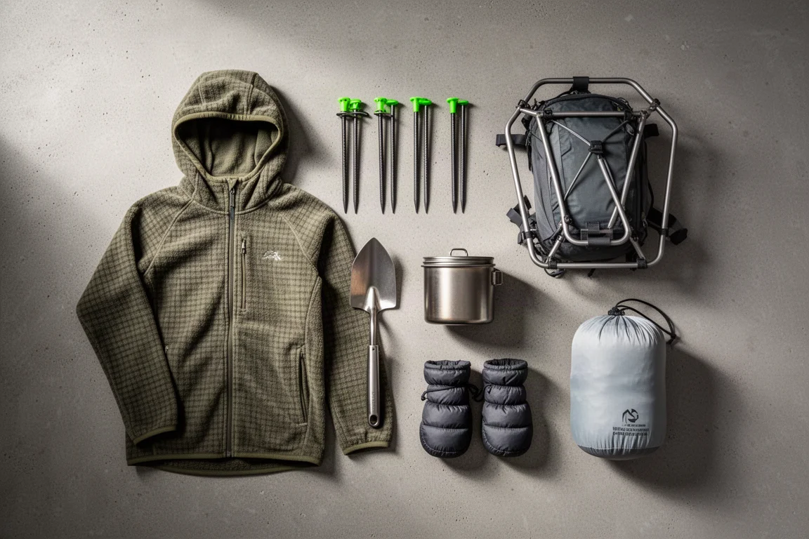 Ultralight backpacking gear arranged overhead on a matte concrete surface
