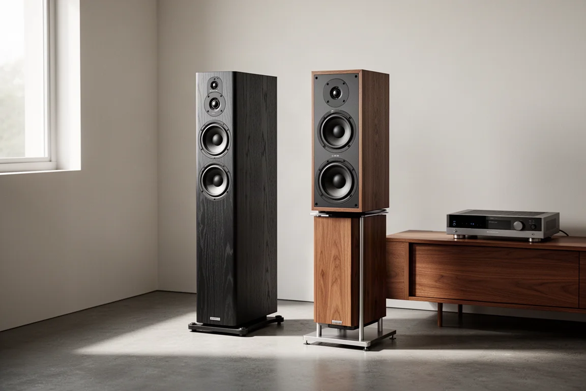 Slim floorstanding tower and compact standmount speaker in a minimal listening room