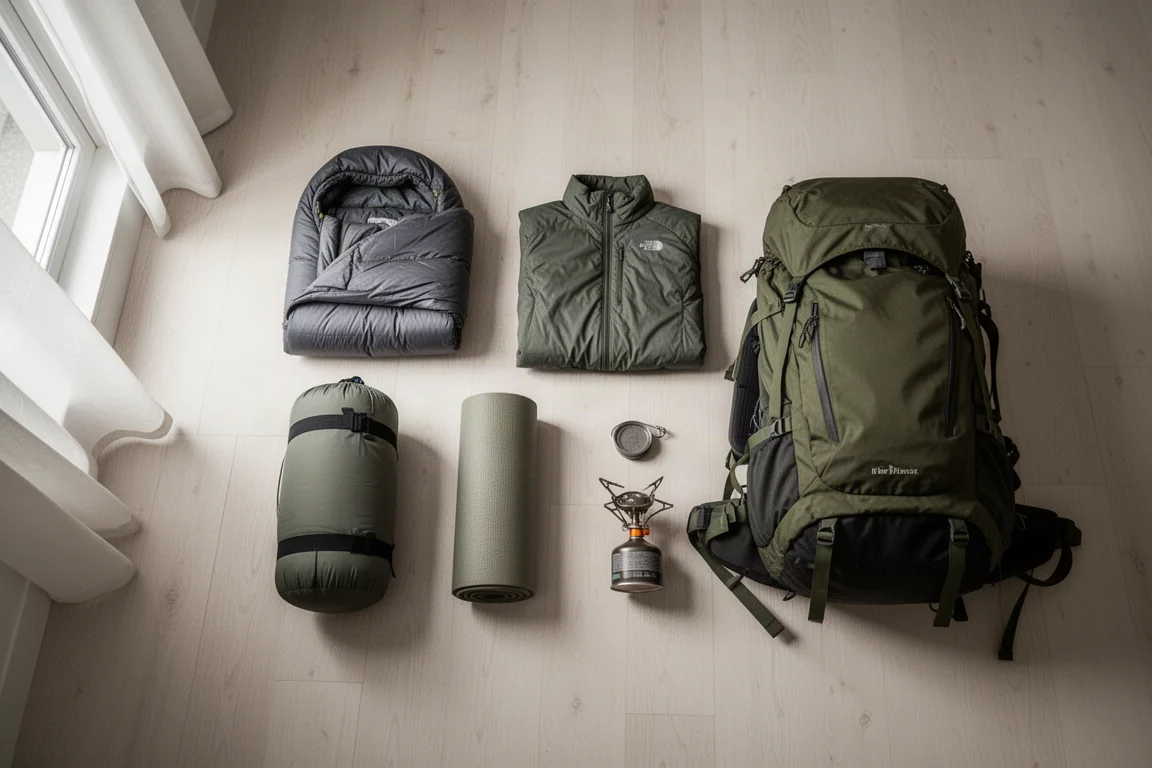 Backpacking-Ausrüstung auf einem Holzboden neben einem gepackten Rucksack ausgelegt
