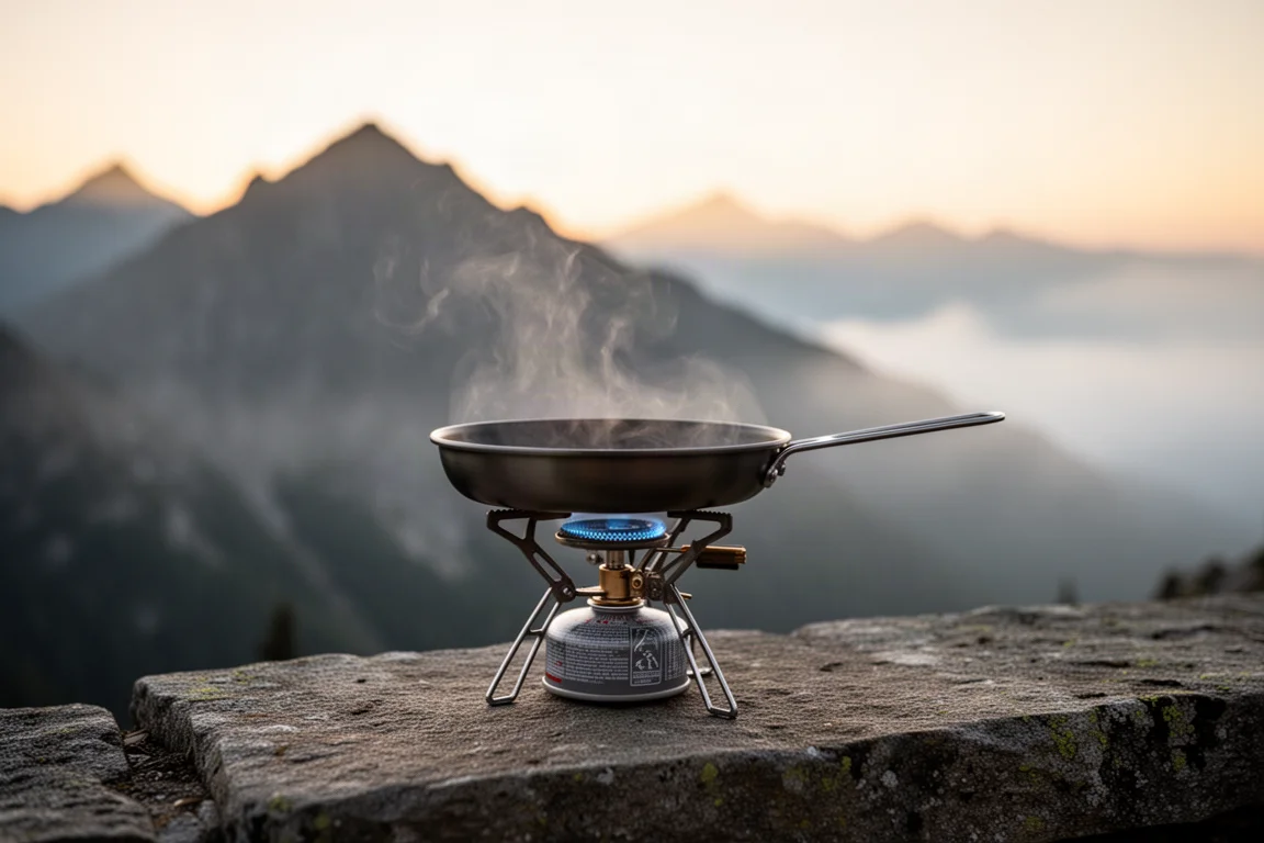 Campingkocher-Brenner mit einer Bratpfanne auf einem Felsvorsprung bei Sonnenaufgang