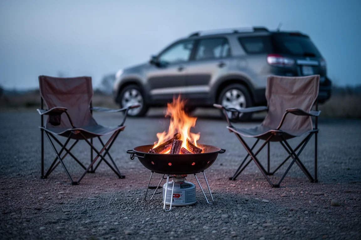 Tragbare Propangas-Feuerstelle leuchtet am Abend neben Campingstühlen