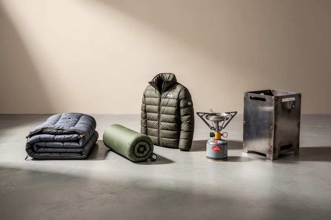 Five camping and backpacking gear pieces arranged on a matte concrete surface