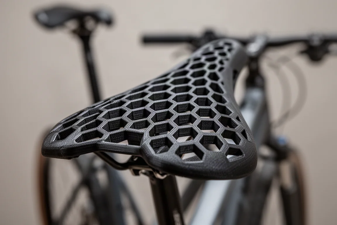 Närbild på ytan av en 3D-printad sadel med hexagonal gitterstruktur