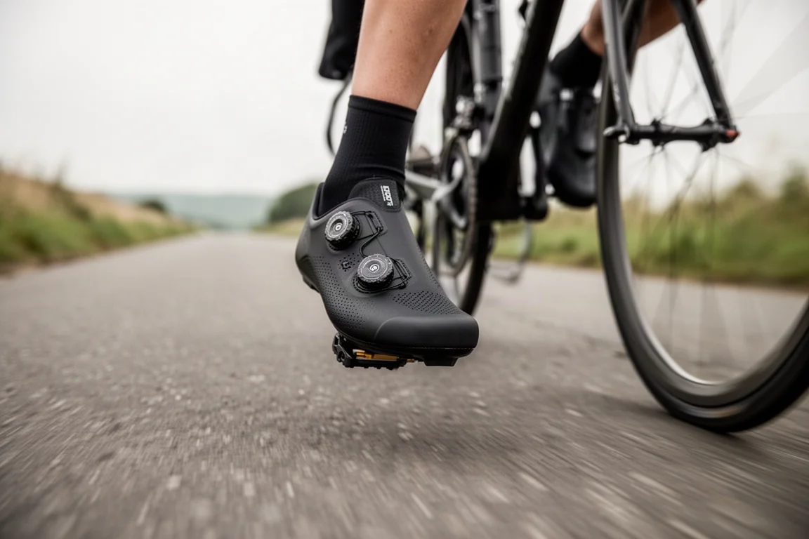 Låg vinkel på en svart landsvägssko på en pedal mitt i tramptaget
