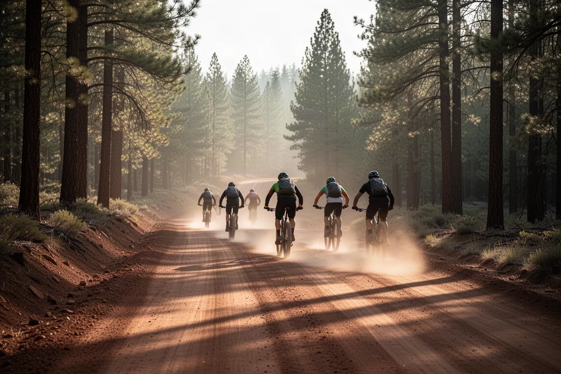 Mountain bikers climbing a forest fire road in soft morning light