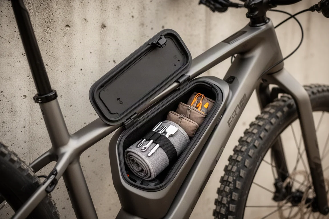 Open downtube storage hatch on a mountain bike frame with tools inside