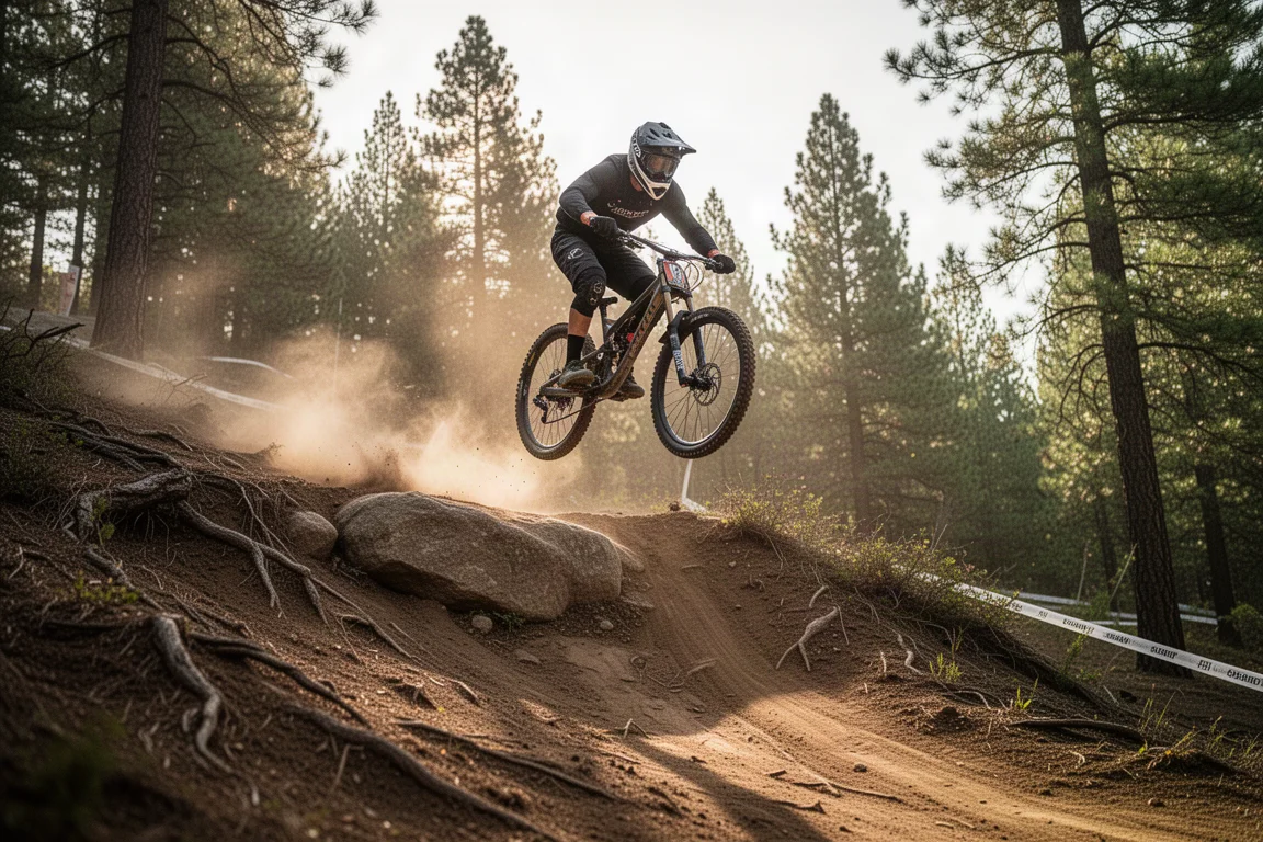 Downhill rider airborne over a rocky drop on a steep race track